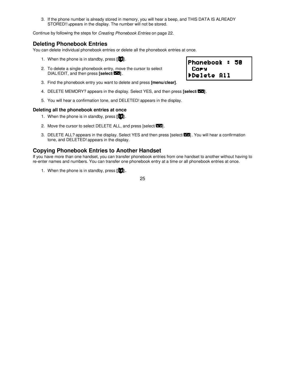 Uniden DCT7585, DCT7085 manual Deleting Phonebook Entries, Copying Phonebook Entries to Another Handset 