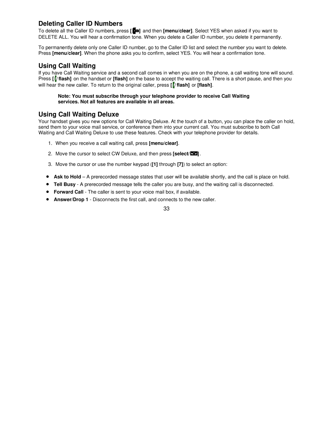 Uniden DCT7585, DCT7085 manual Deleting Caller ID Numbers, Using Call Waiting Deluxe 