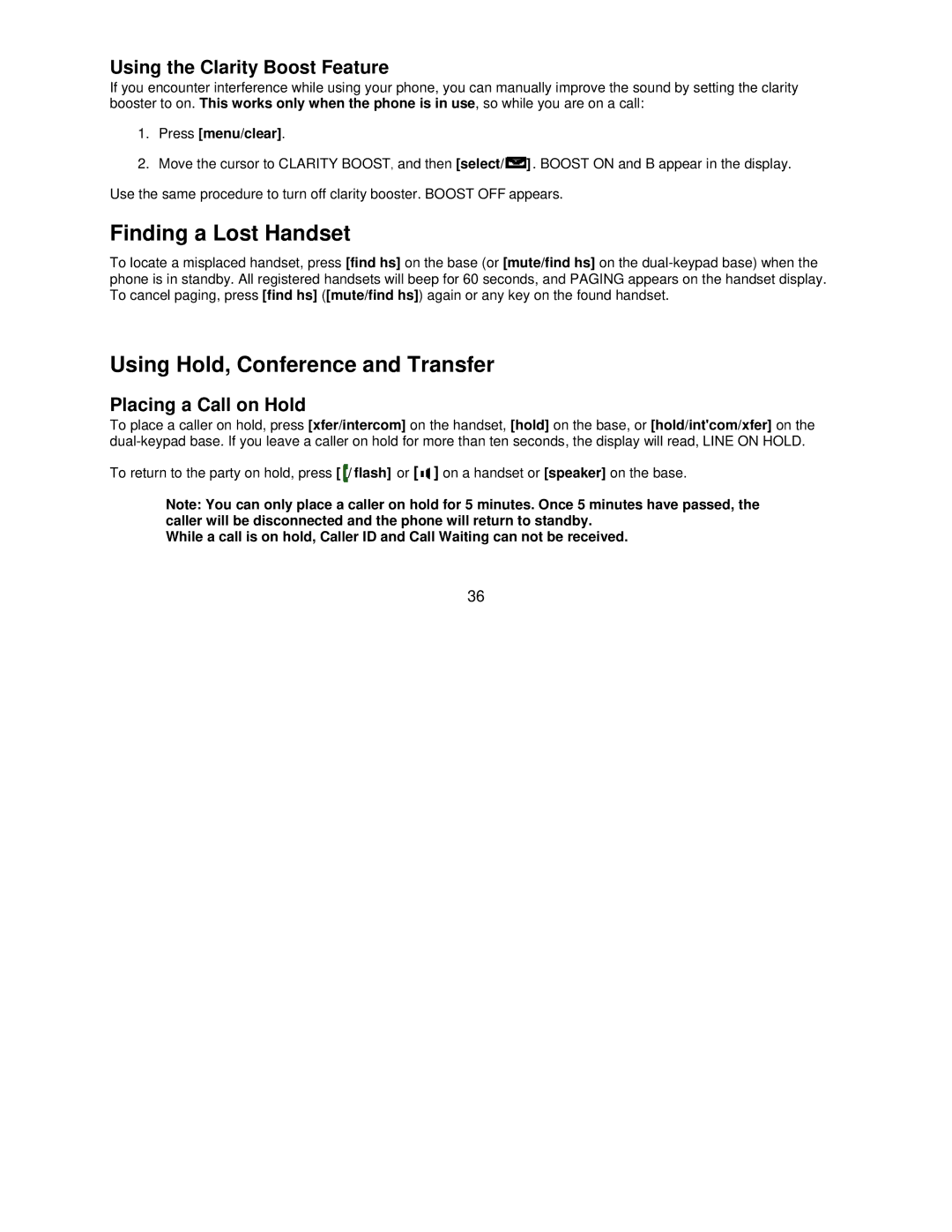 Uniden DCT7085, DCT7585 manual Finding a Lost Handset, Using Hold, Conference and Transfer, Using the Clarity Boost Feature 