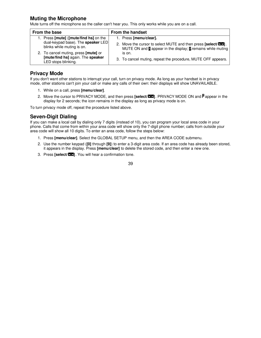 Uniden DCT7585 manual Muting the Microphone, Privacy Mode, Seven-Digit Dialing, Press mute mute/find hs on Press menu/clear 