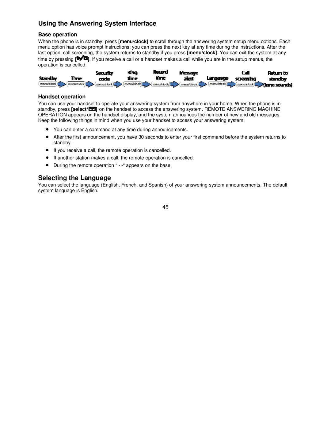 Uniden DCT7585, DCT7085 Using the Answering System Interface, Selecting the Language, Base operation, Handset operation 