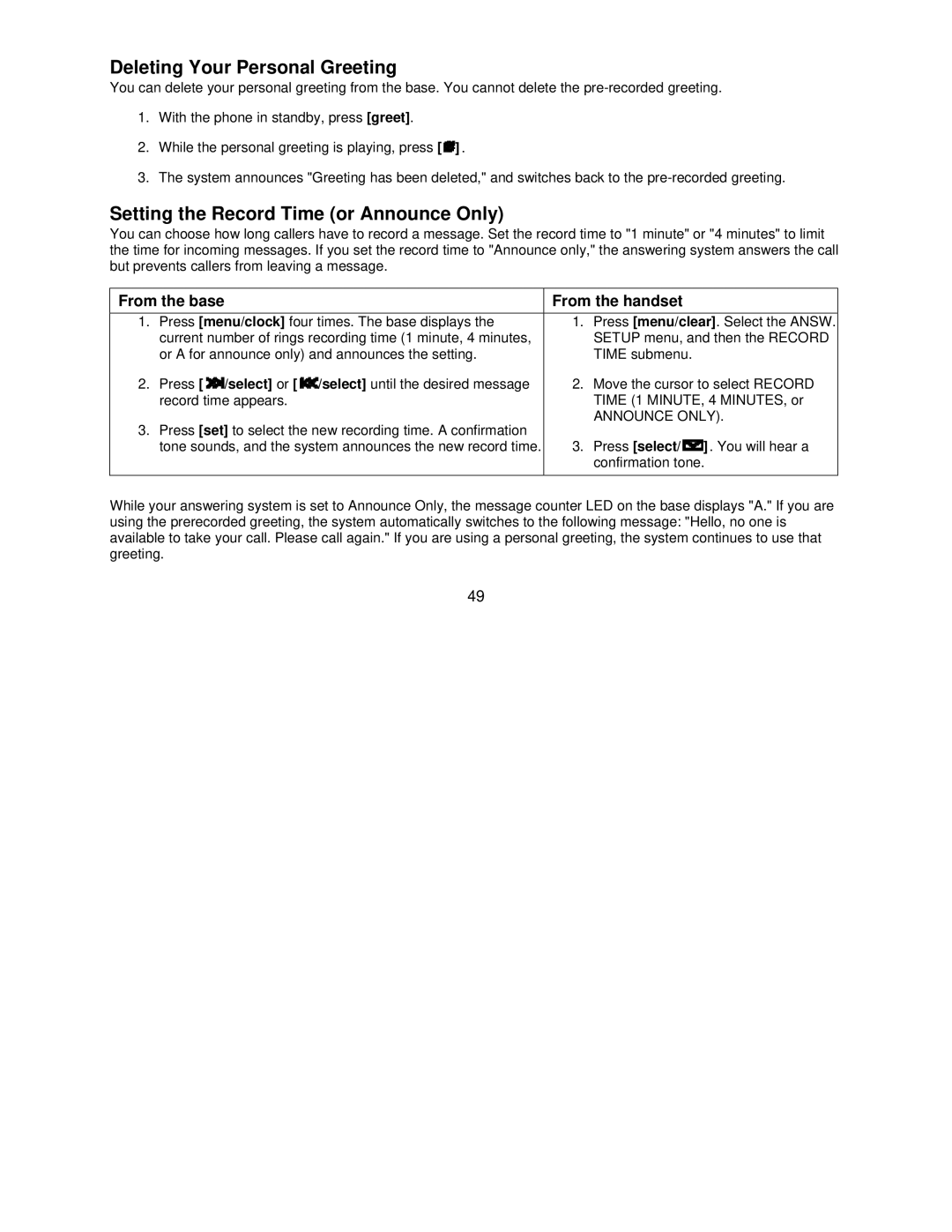 Uniden DCT7585, DCT7085 manual Deleting Your Personal Greeting, Setting the Record Time or Announce Only 