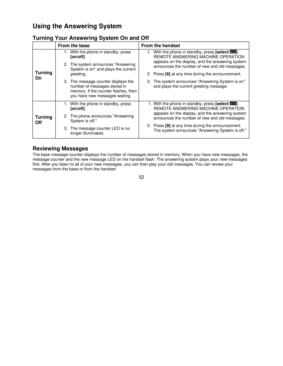 Uniden DCT7085, DCT7585 manual Using the Answering System, Turning Your Answering System On and Off, Reviewing Messages 