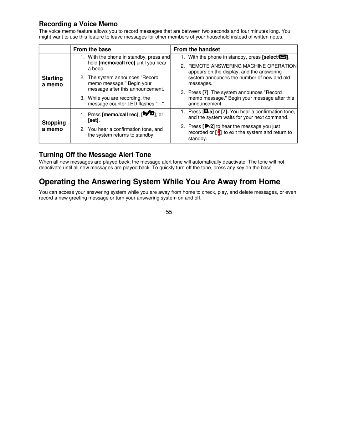 Uniden DCT7585, DCT7085 manual Operating the Answering System While You Are Away from Home, Recording a Voice Memo 