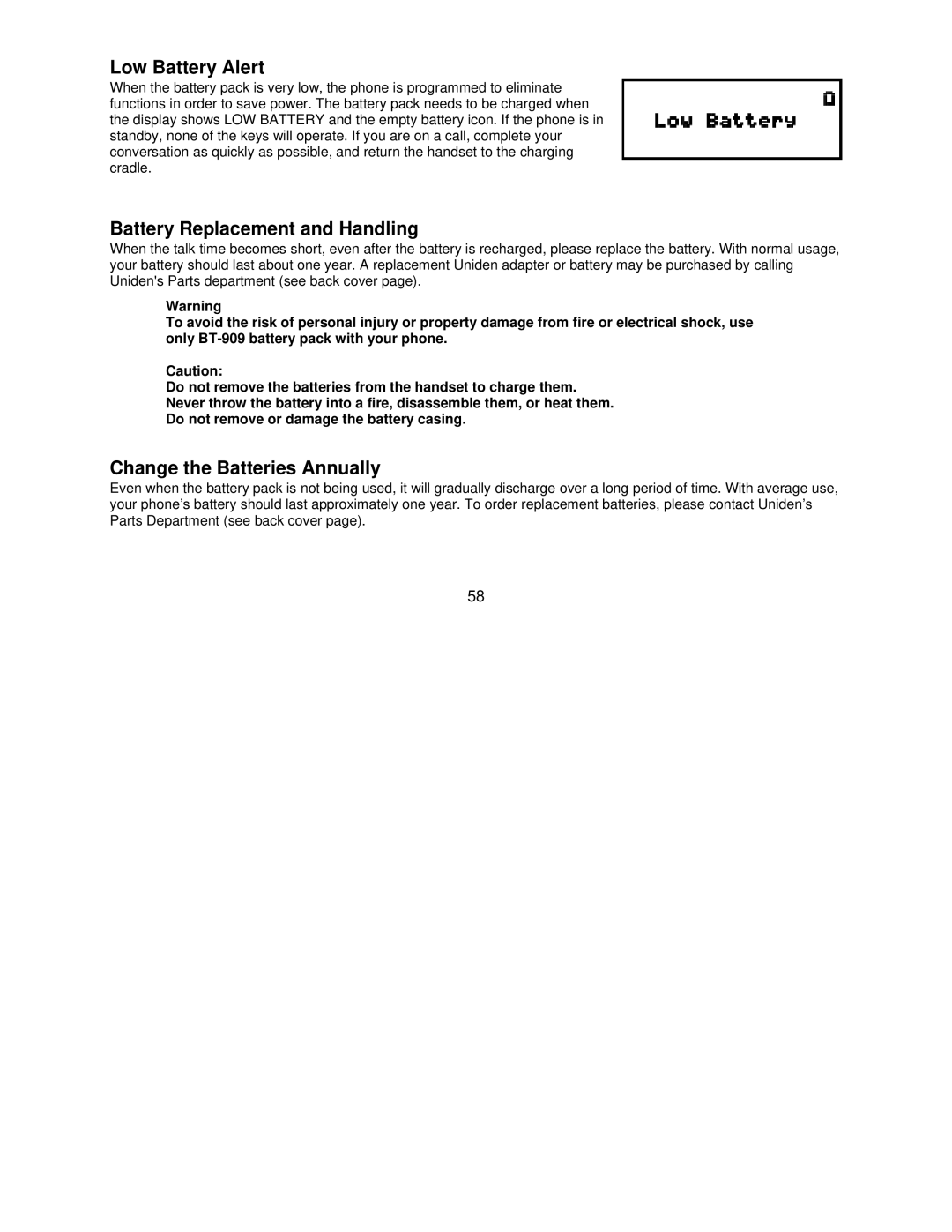 Uniden DCT7085, DCT7585 manual Low Battery Alert, Battery Replacement and Handling, Change the Batteries Annually 