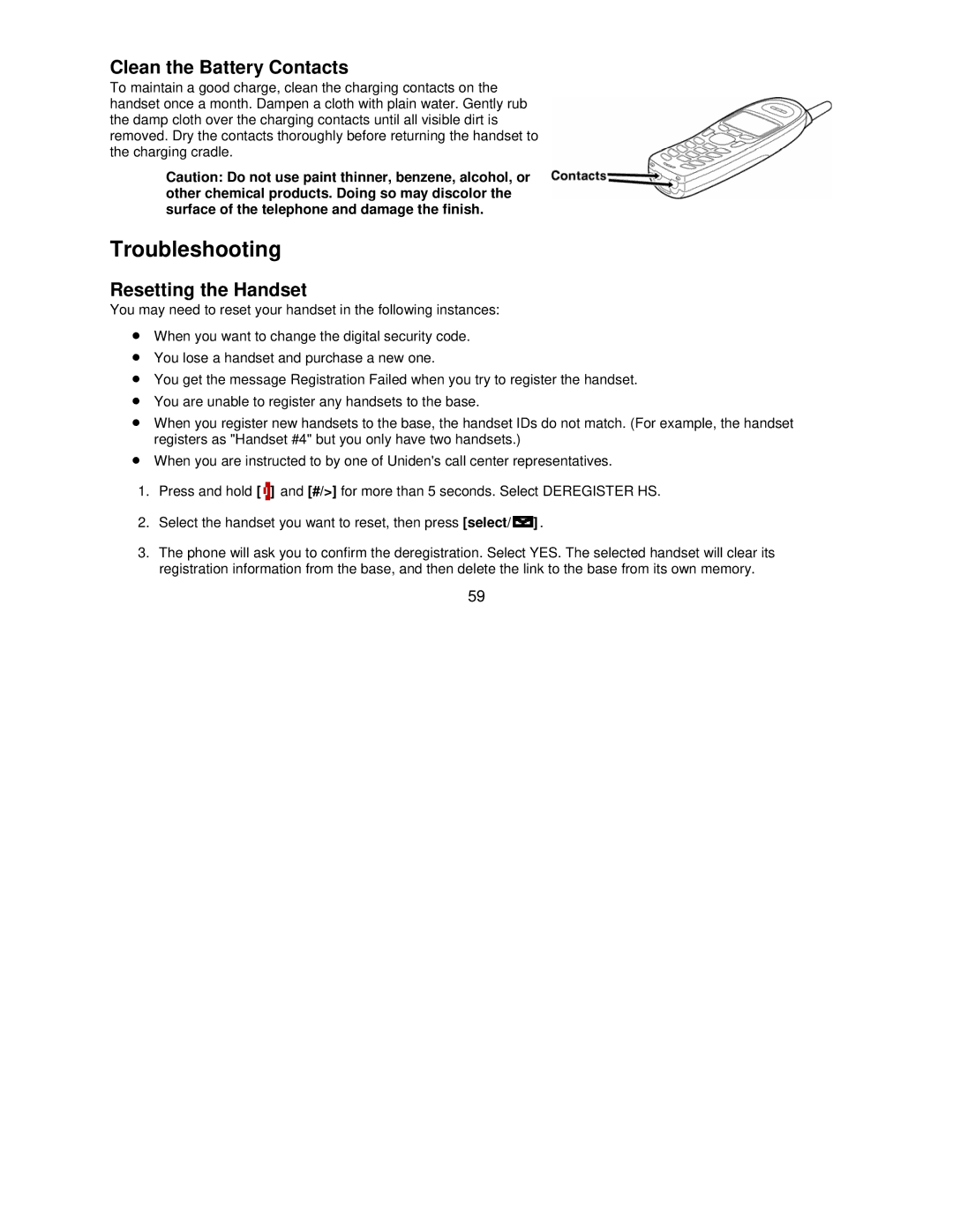 Uniden DCT7585, DCT7085 manual Troubleshooting, Clean the Battery Contacts, Resetting the Handset 