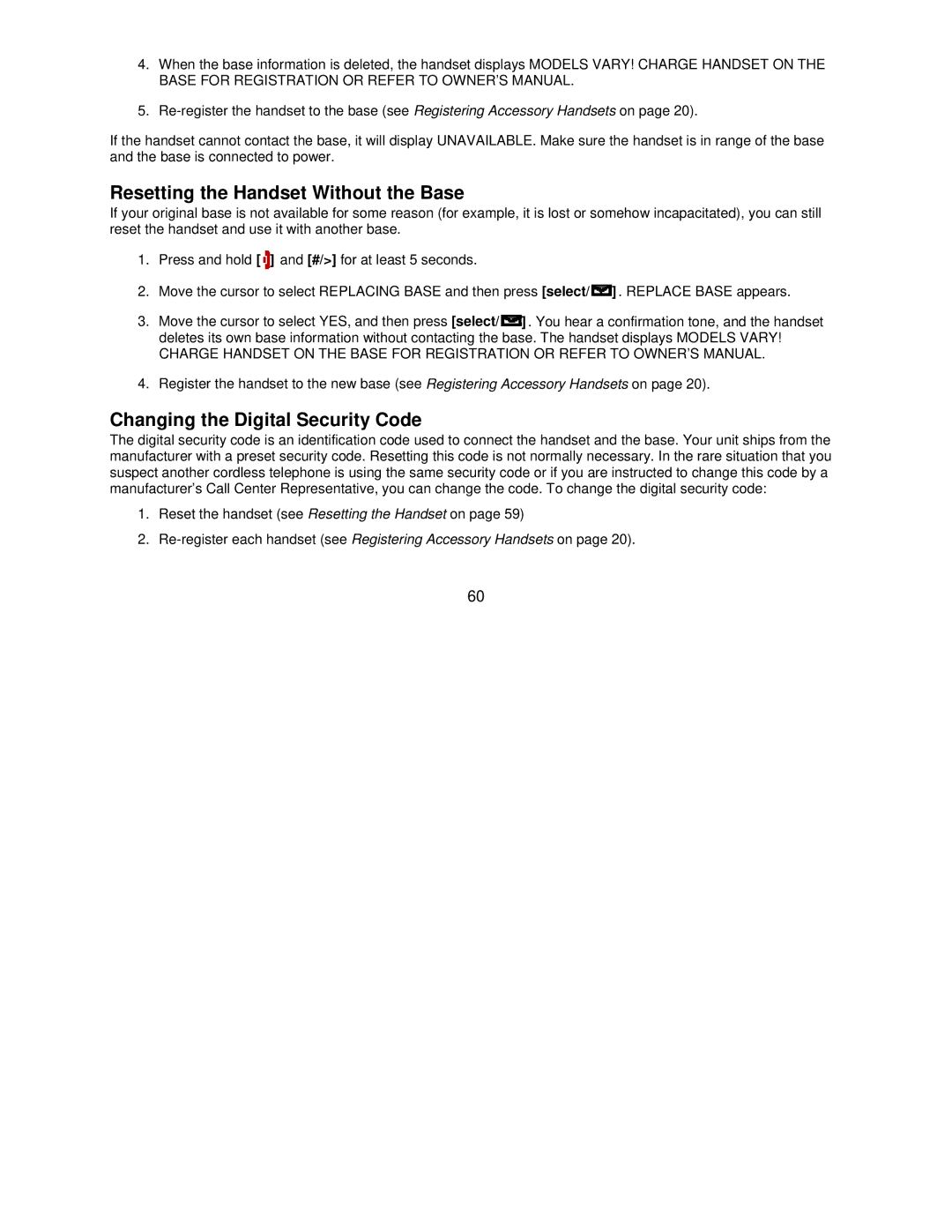 Uniden DCT7085, DCT7585 manual Resetting the Handset Without the Base, Changing the Digital Security Code 