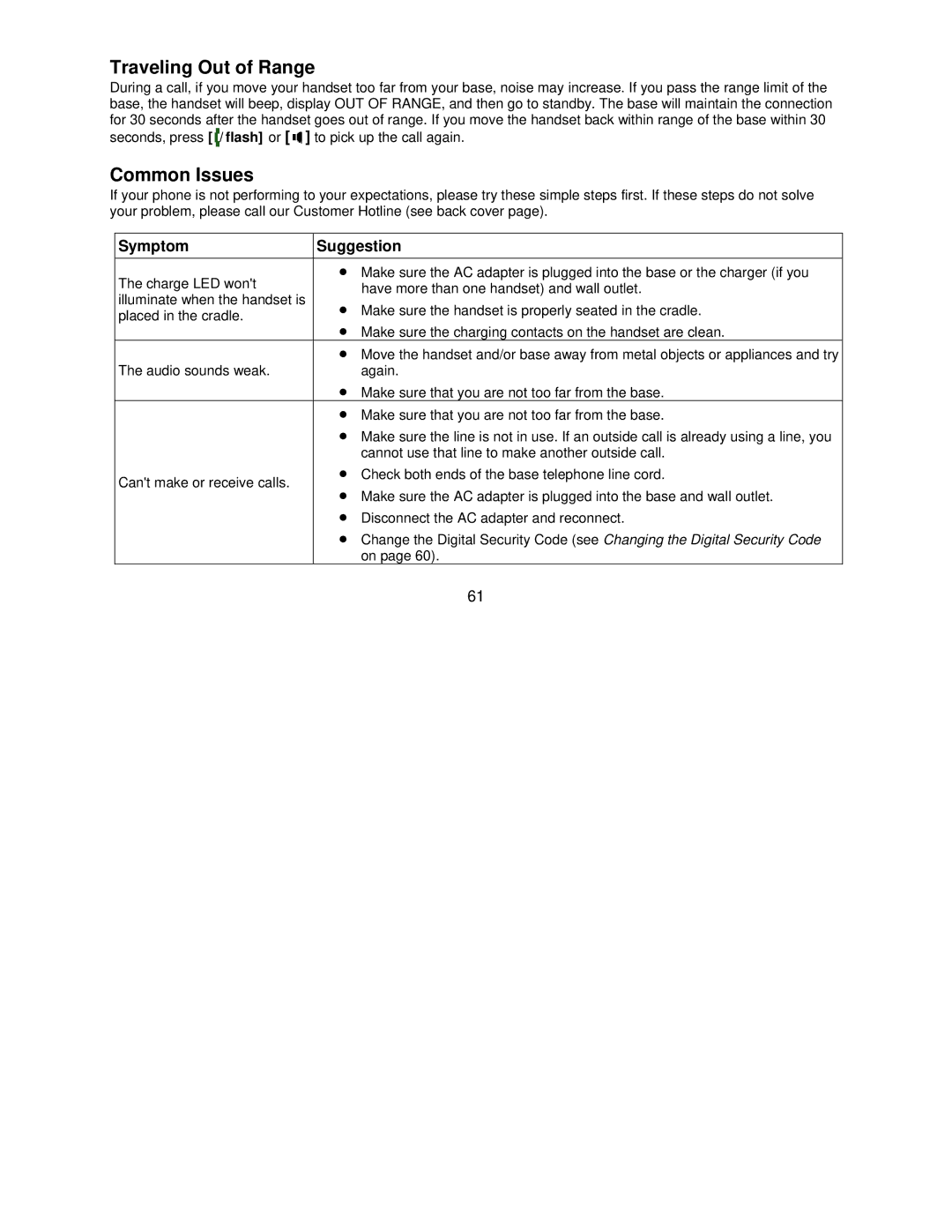 Uniden DCT7585, DCT7085 manual Traveling Out of Range, Common Issues, Symptom Suggestion 