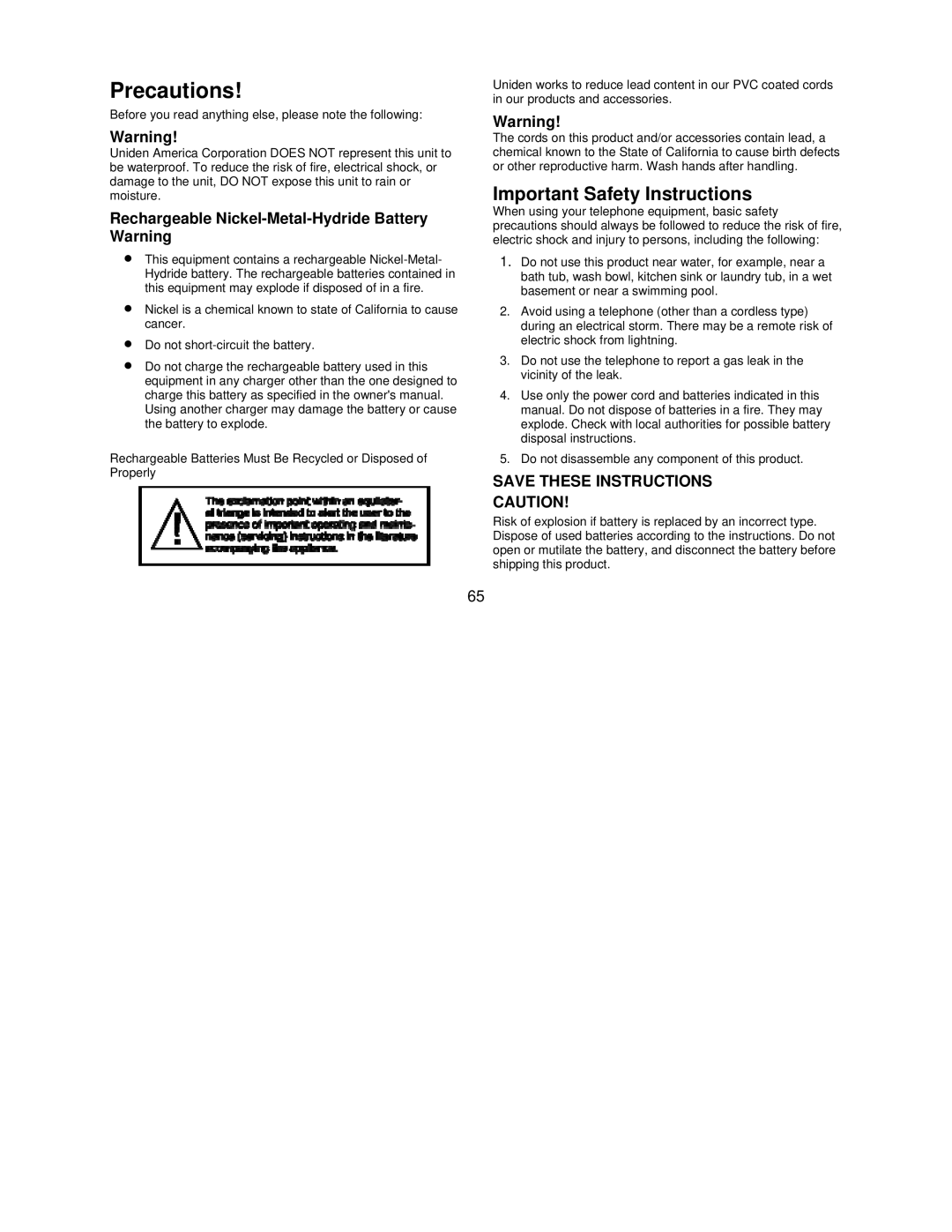 Uniden DCT7585, DCT7085 manual Precautions, Important Safety Instructions, Rechargeable Nickel-Metal-Hydride Battery Warning 