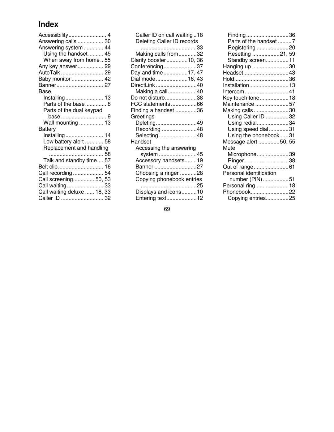 Uniden DCT7585, DCT7085 manual Index, Any key answer 