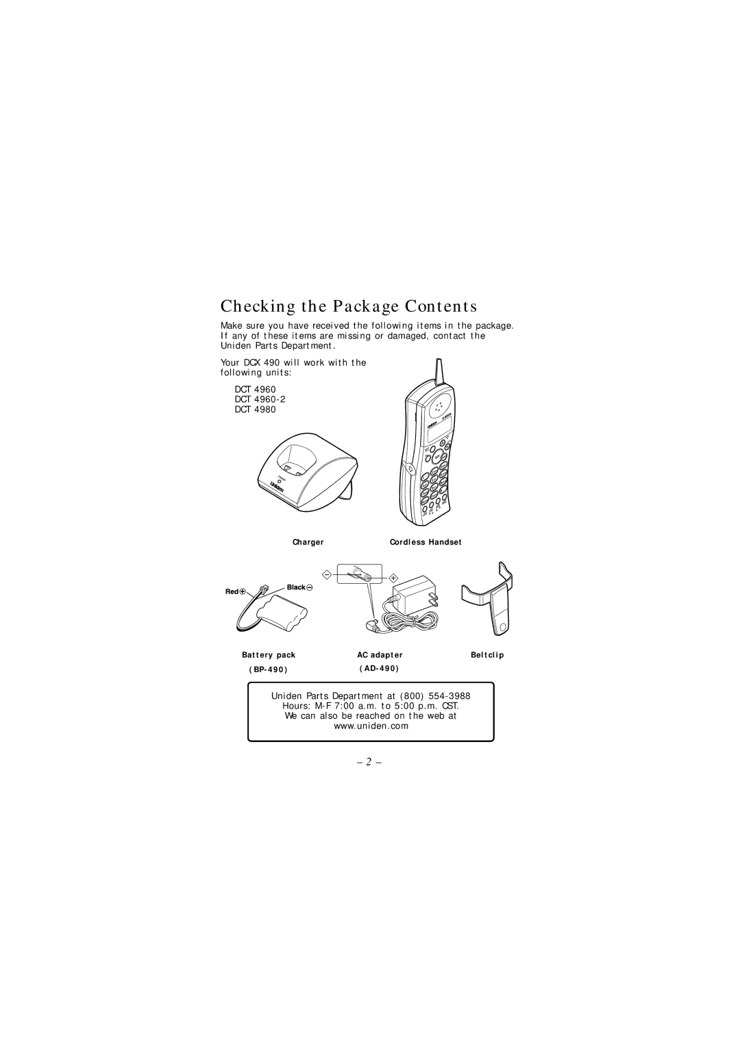 Uniden DCX 490 manual Checking the Package Contents 