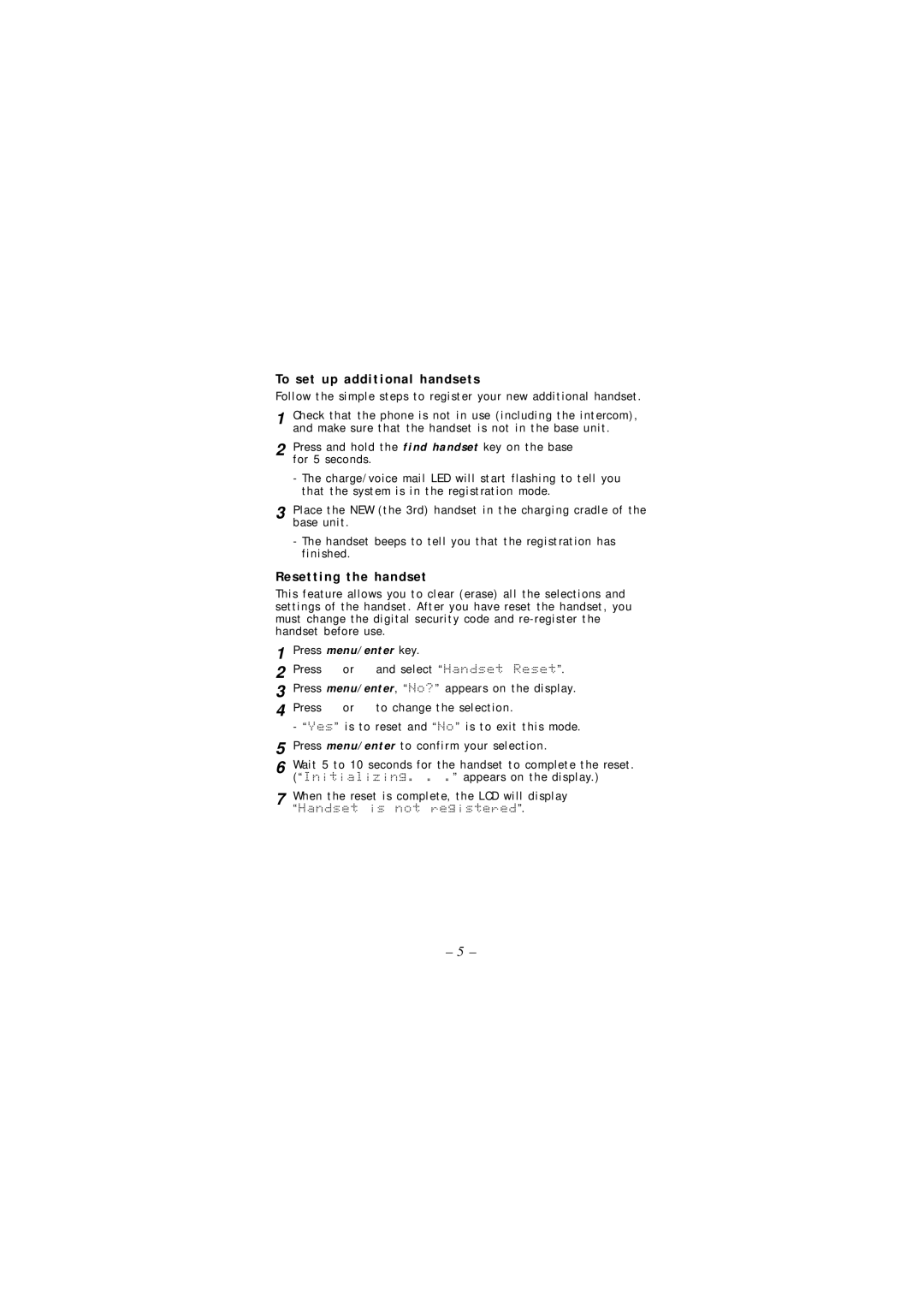 Uniden DCX 490 manual To set up additional handsets, Resetting the handset 