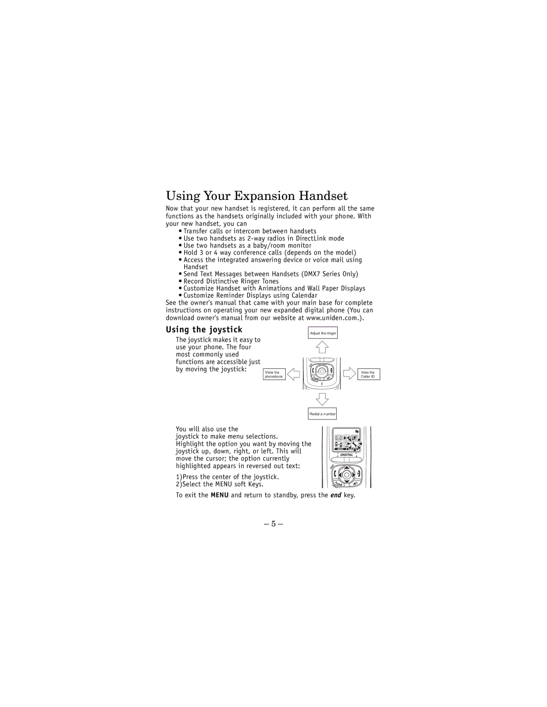 Uniden DCX 770 owner manual Using Your Expansion Handset, Using the joystick 