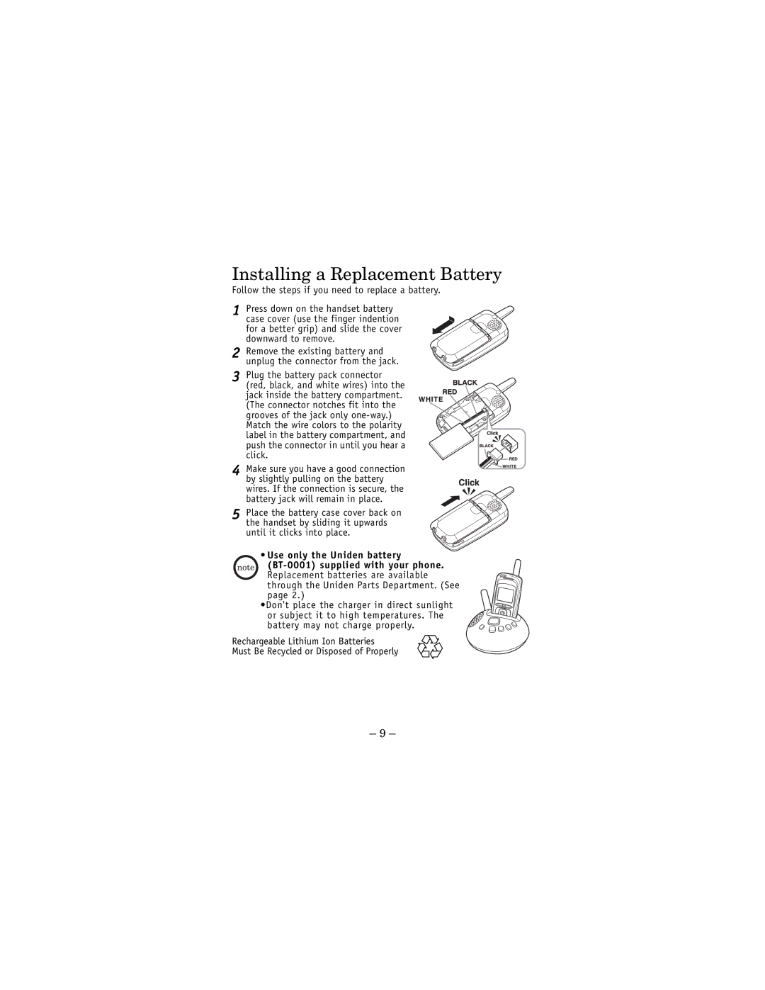 Uniden DCX 770 owner manual Installing a Replacement Battery 