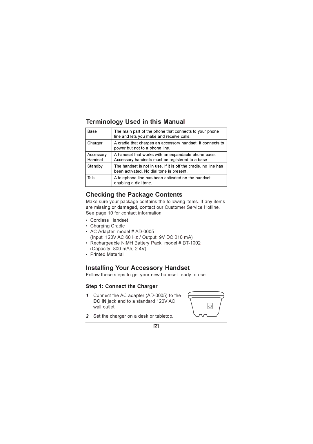 Uniden DCX100 manual Terminology Used in this Manual, Checking the Package Contents, Installing Your Accessory Handset 