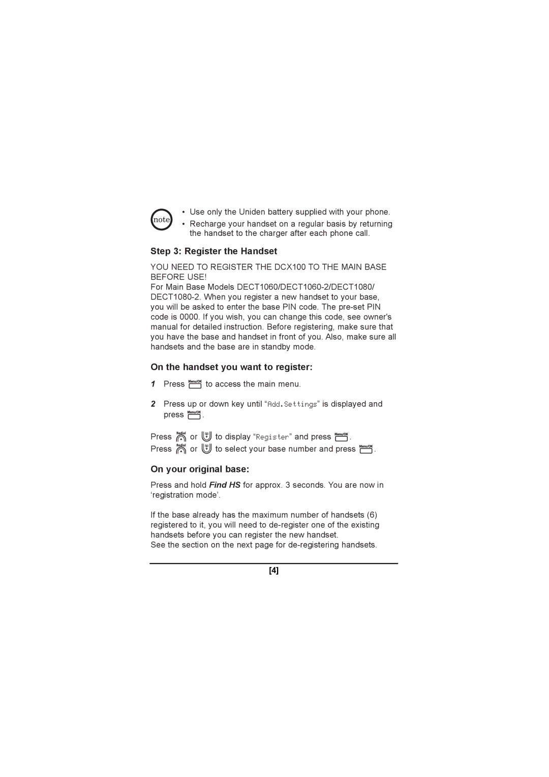 Uniden DCX100 manual Register the Handset, On the handset you want to register, On your original base 
