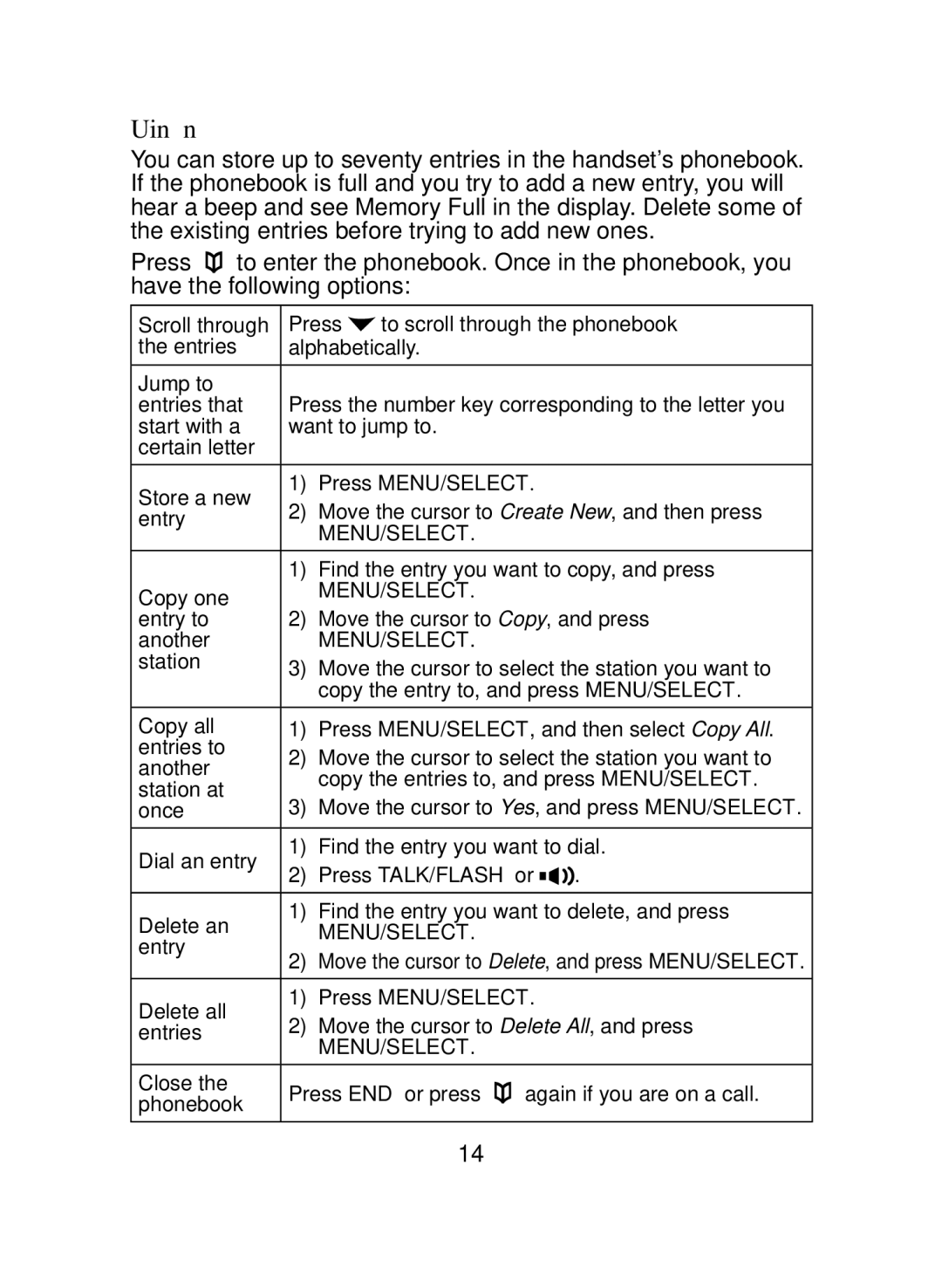 Uniden Uniden DCX150, DCX150 Series manual Using the Phonebook 