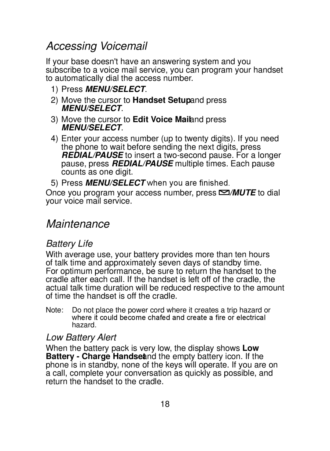 Uniden Uniden DCX150, DCX150 Series manual Accessing Voicemail, Maintenance, Battery Life, Low Battery Alert 