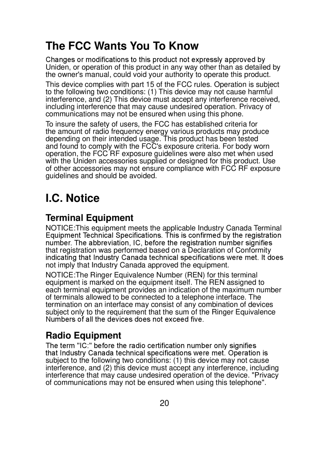 Uniden Uniden DCX150, DCX150 Series manual FCC Wants You To Know, Terminal Equipment Radio Equipment 