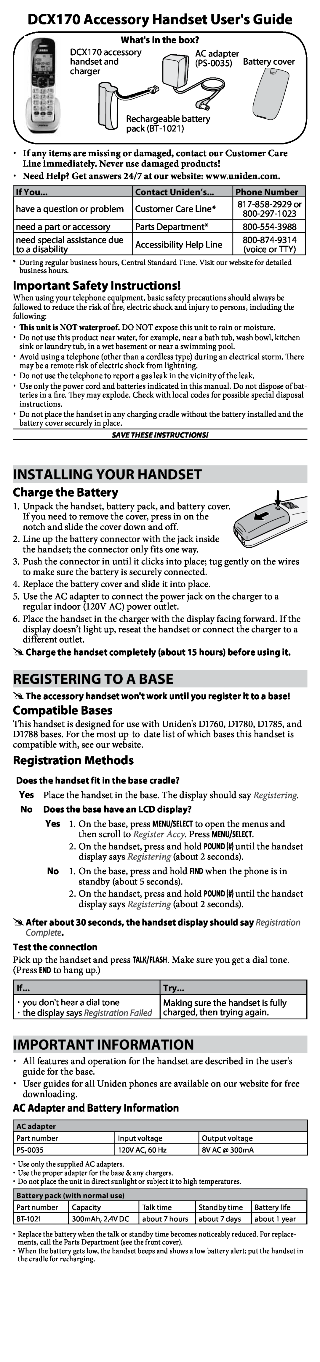 Uniden important safety instructions AC Adapter and Battery Information, DCX170 Accessory Handset Users Guide 