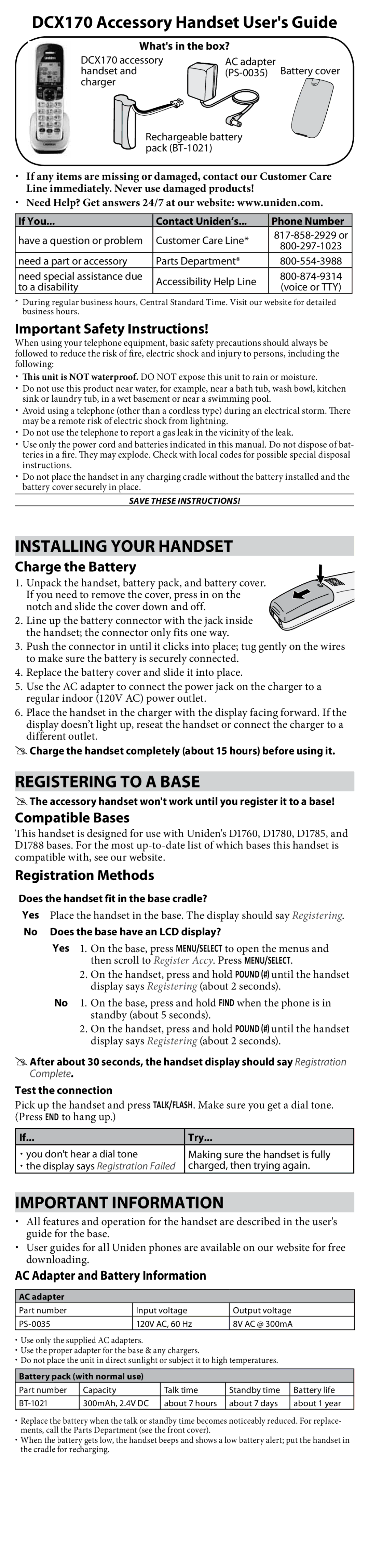 Uniden important safety instructions DCX170 Accessory Handset Users Guide, Installing Your Handset 