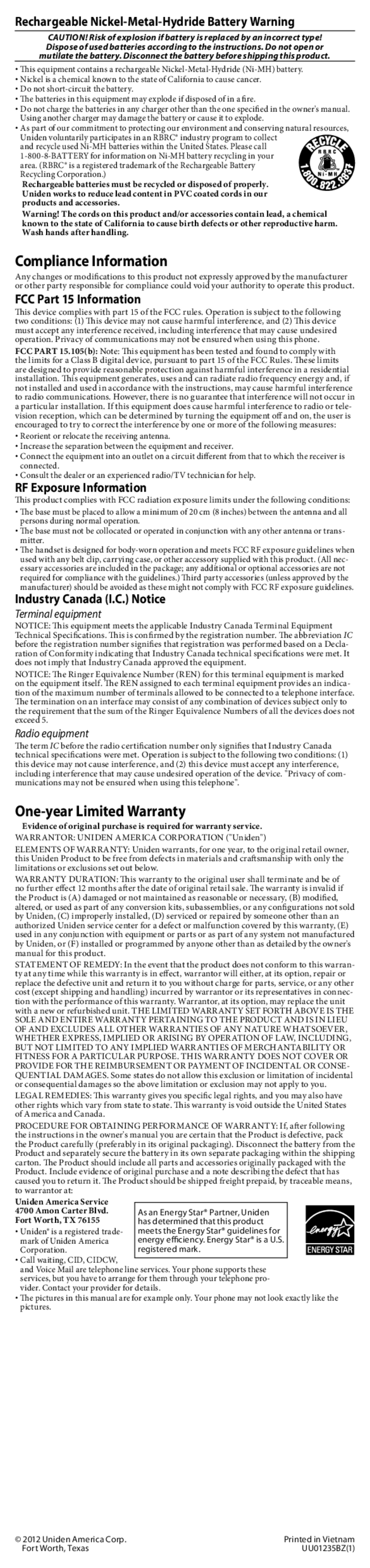 Uniden DCX170 Rechargeable Nickel-Metal-Hydride Battery Warning, FCC Part 15 Information, RF Exposure Information 