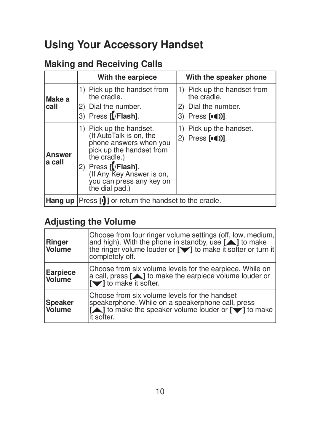 Uniden DCX200 Series owner manual Using Your Accessory Handset, Making and Receiving Calls, Adjusting the Volume 