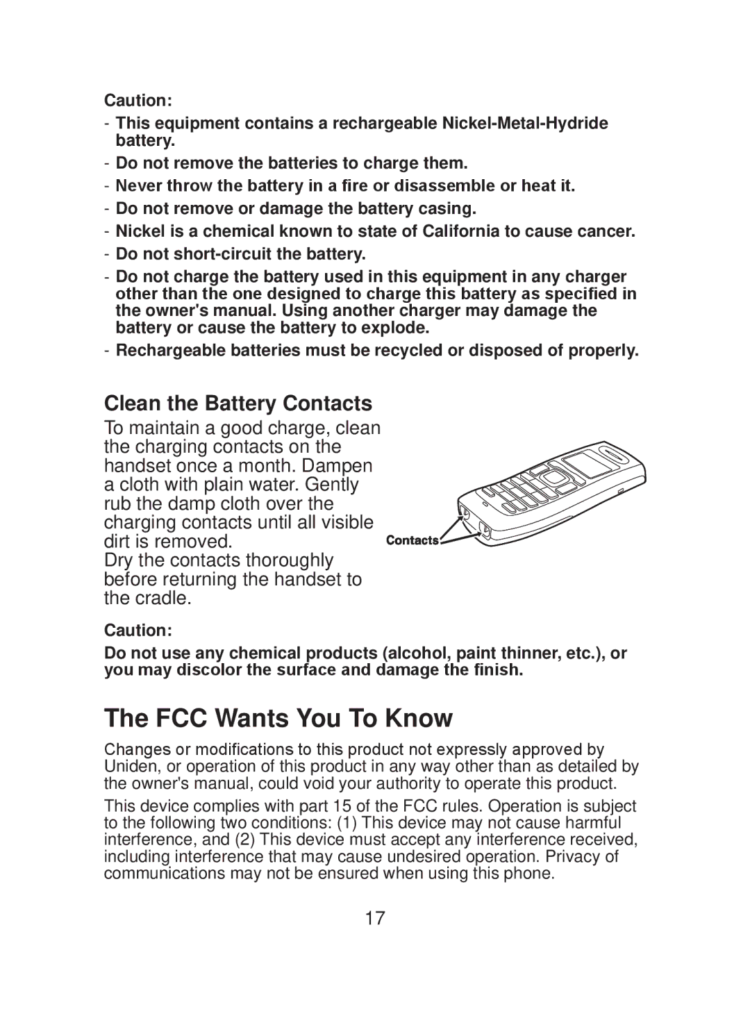 Uniden DCX200 Series owner manual FCC Wants You To Know, Clean the Battery Contacts 