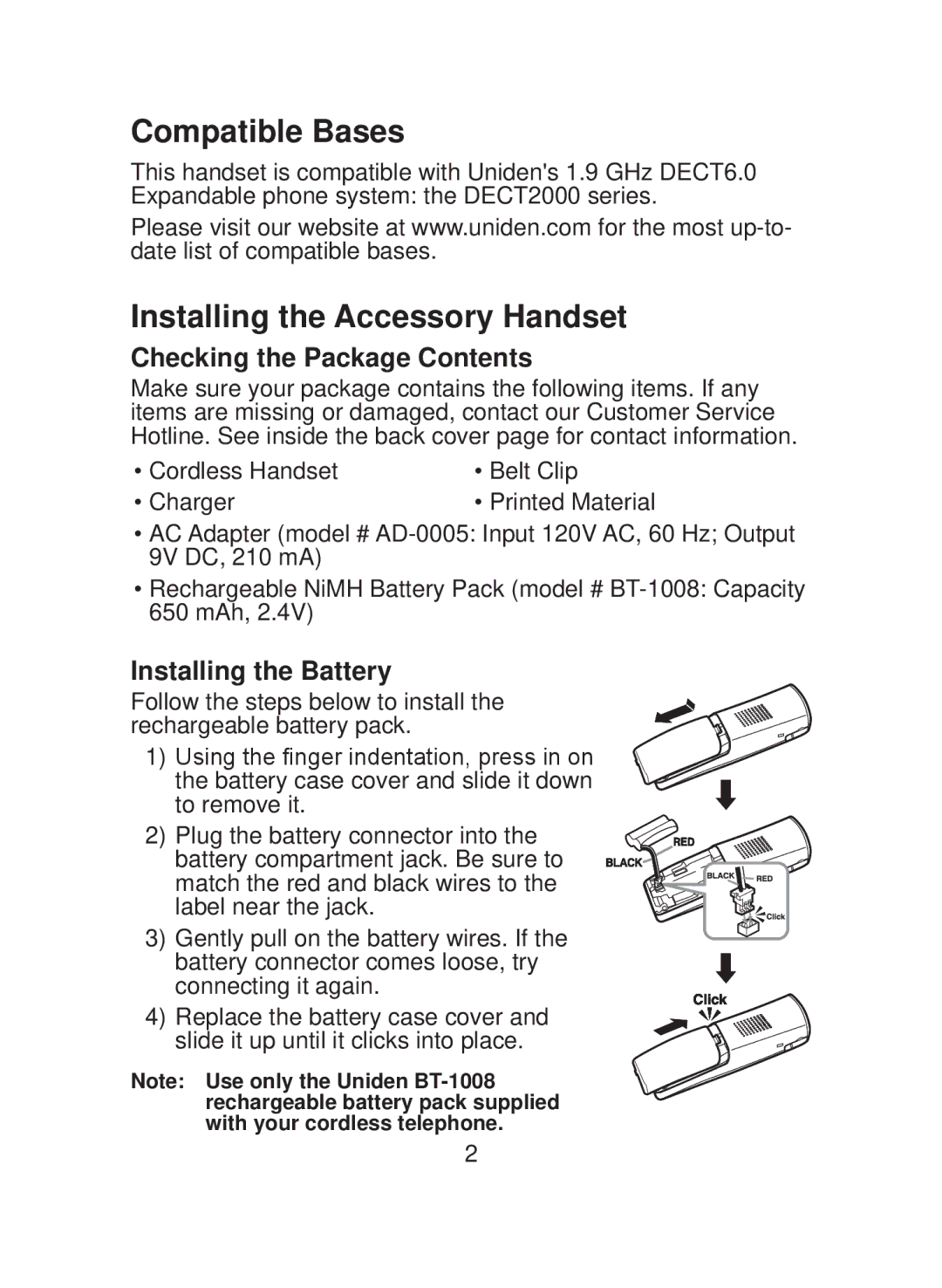 Uniden DCX200 Series owner manual Compatible Bases, Installing the Accessory Handset, Checking the Package Contents 