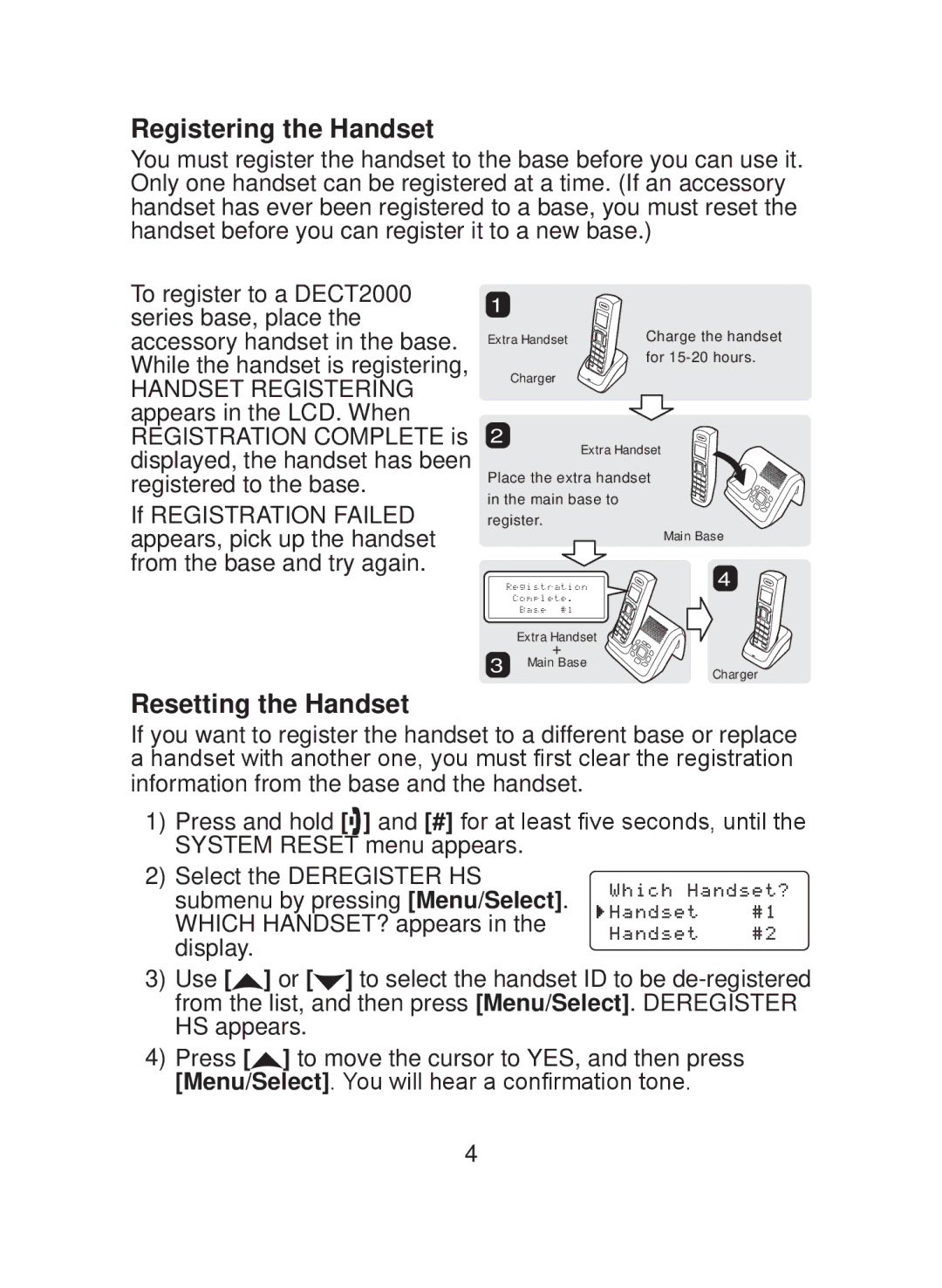 Uniden DCX200 Series owner manual Registering the Handset, Resetting the Handset 