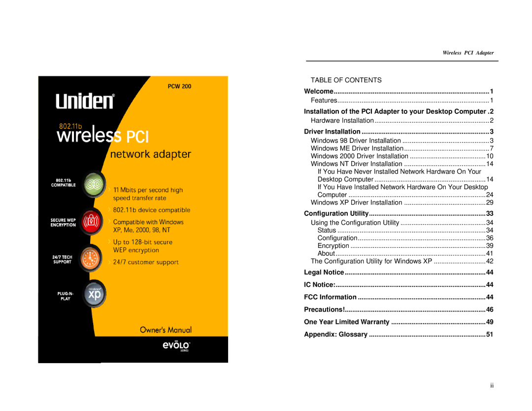 Uniden DCX200 warranty Installation of the PCI Adapter to your Desktop Computer, Driver Installation 