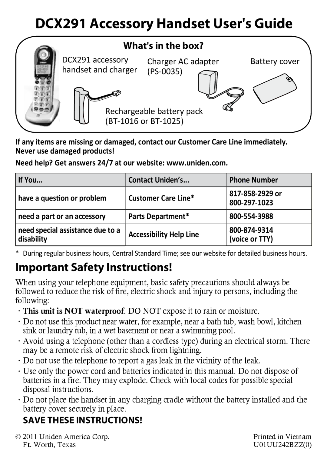 Uniden important safety instructions DCX291 Accessory Handset Users Guide, Important Safety Instructions 