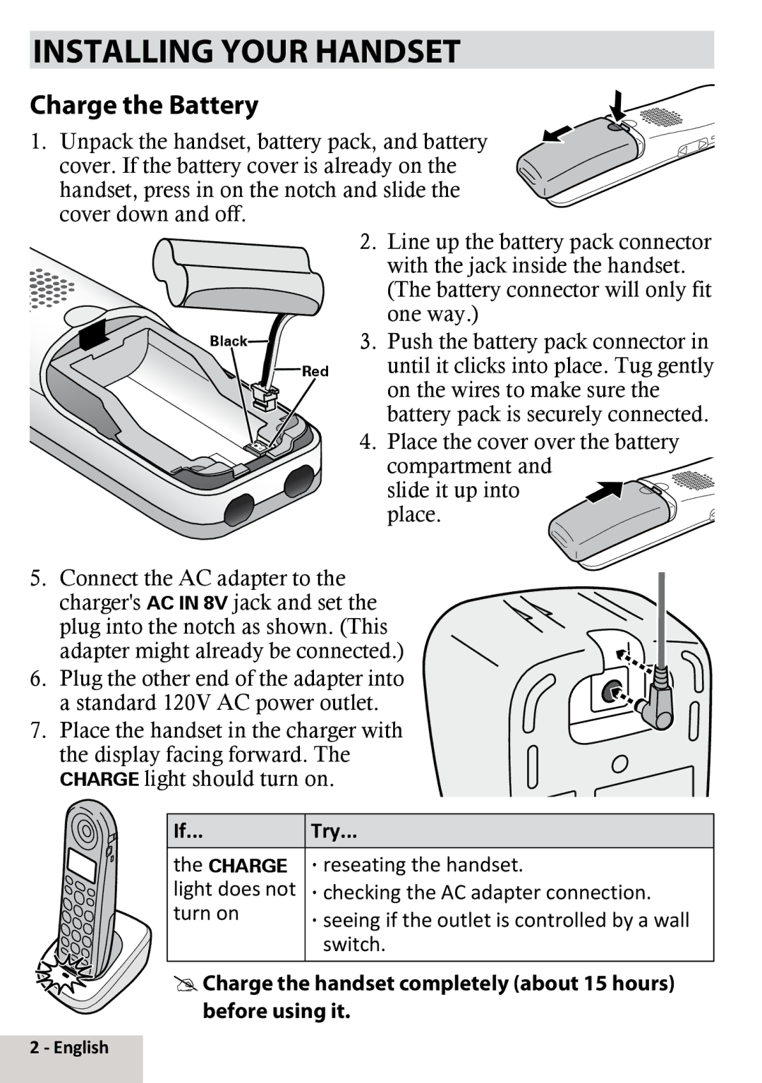 Uniden DCX291 important safety instructions Installing Your Handset, Charge the Battery 