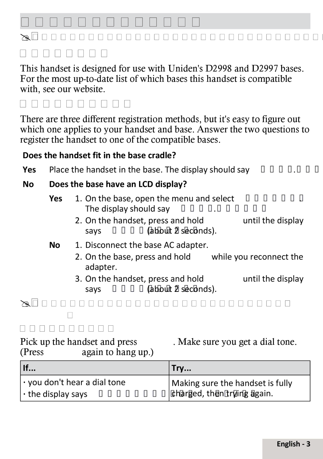 Uniden DCX291 Registering to a Base, Compatible Bases, Registration Methods, Test the connection 