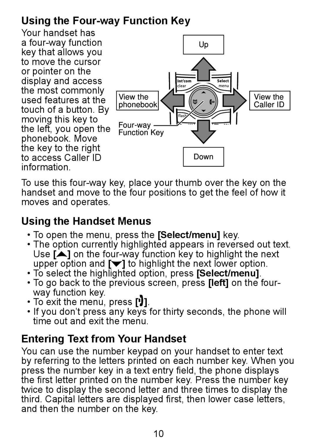 Uniden DCX300 Series manual Using the Four-way Function Key, Using the Handset Menus, Entering Text from Your Handset 