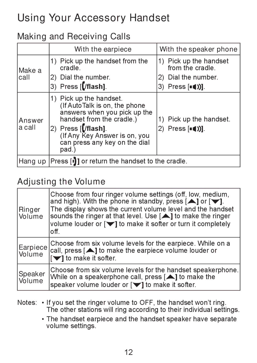 Uniden DCX300 Series manual Using Your Accessory Handset, Making and Receiving Calls, Adjusting the Volume 