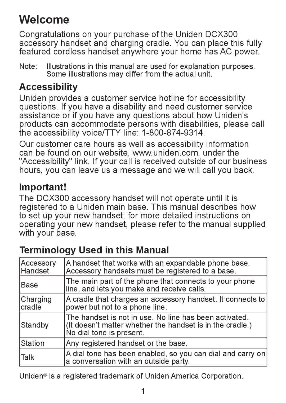 Uniden DCX300 Series manual Welcome, Accessibility, Terminology Used in this Manual 