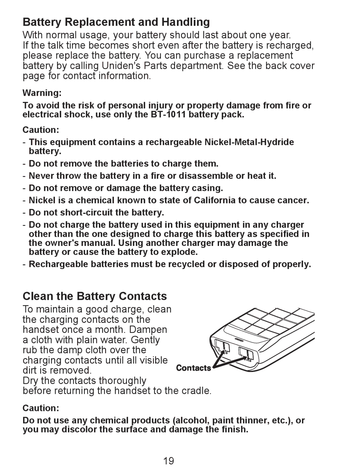 Uniden DCX300 Series manual Battery Replacement and Handling, Clean the Battery Contacts 