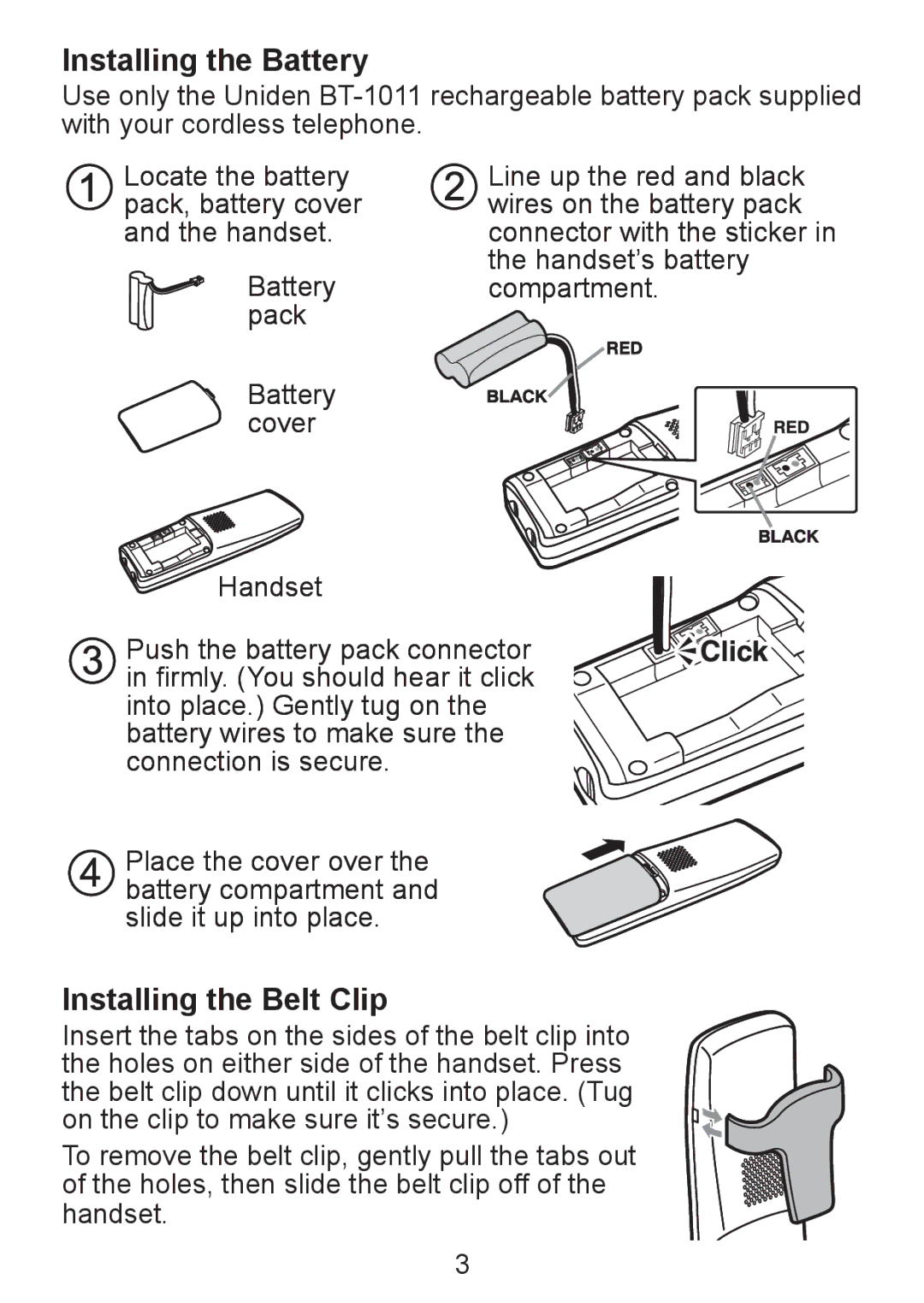 Uniden DCX300 Series manual Installing the Battery, Installing the Belt Clip 