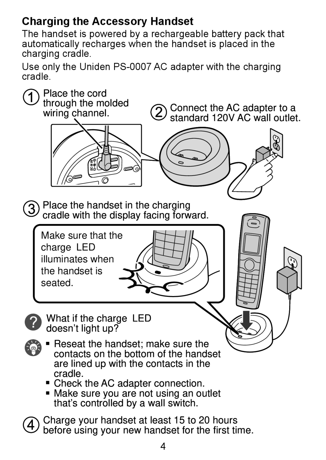 Uniden DCX300 Series manual Charging the Accessory Handset 