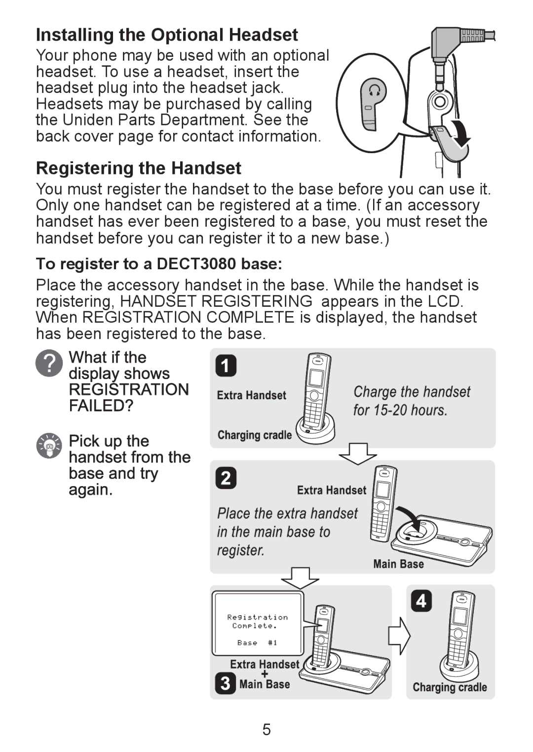 Uniden DCX300 Series manual Installing the Optional Headset, Registering the Handset, To register to a DECT3080 base 