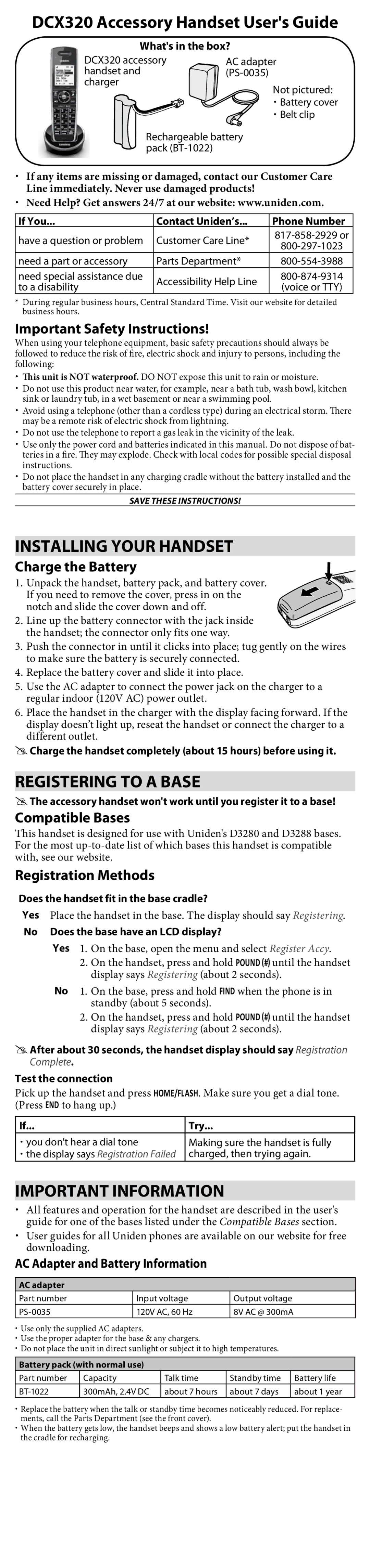 Uniden important safety instructions DCX320 Accessory Handset Users Guide, Installing Your Handset 