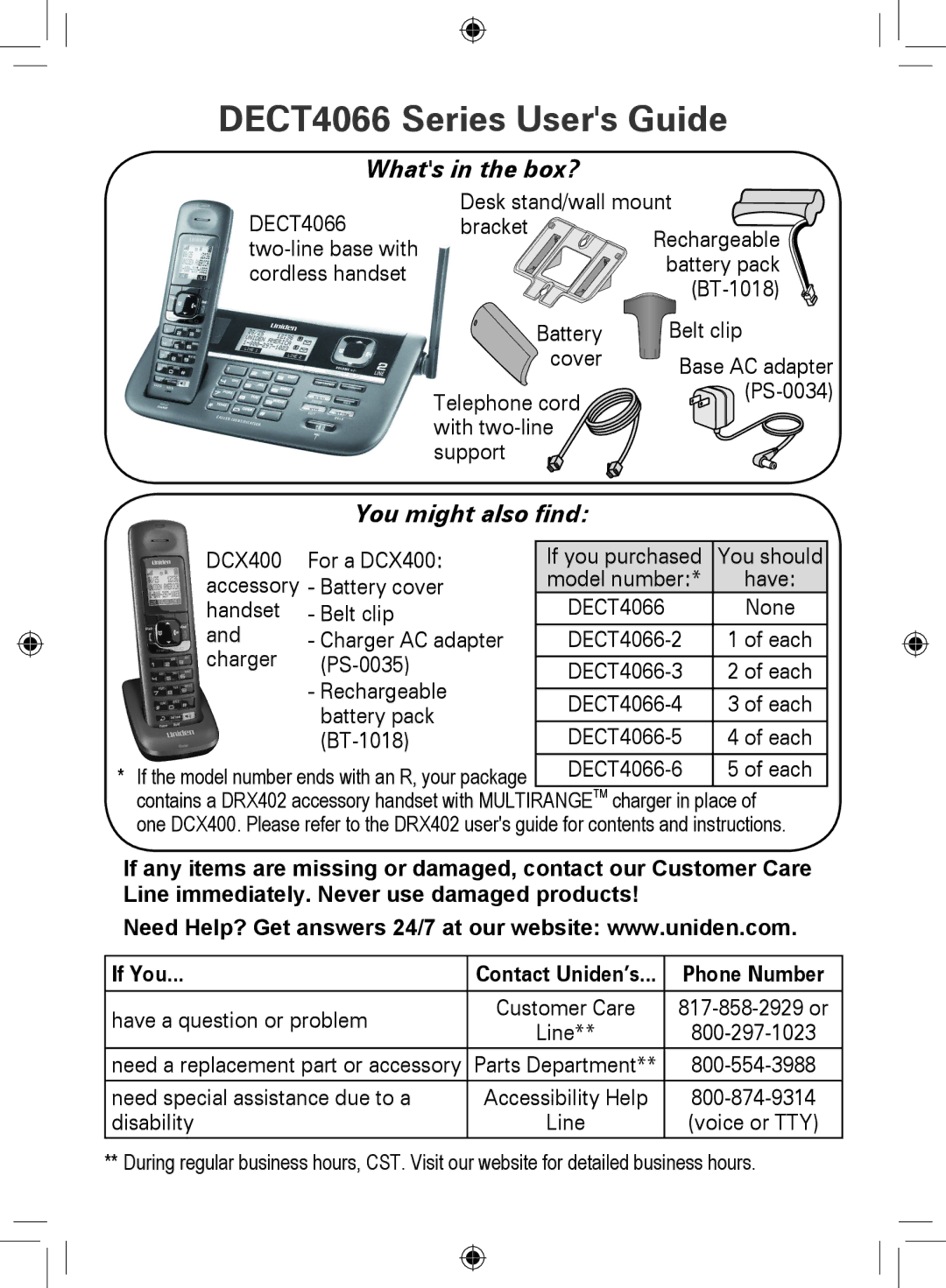 Uniden DRX402, DCX400, DECT4066-3 manual DECT4066 Series Users Guide, Whats in the box?, You might also ﬁnd, Phone Number 