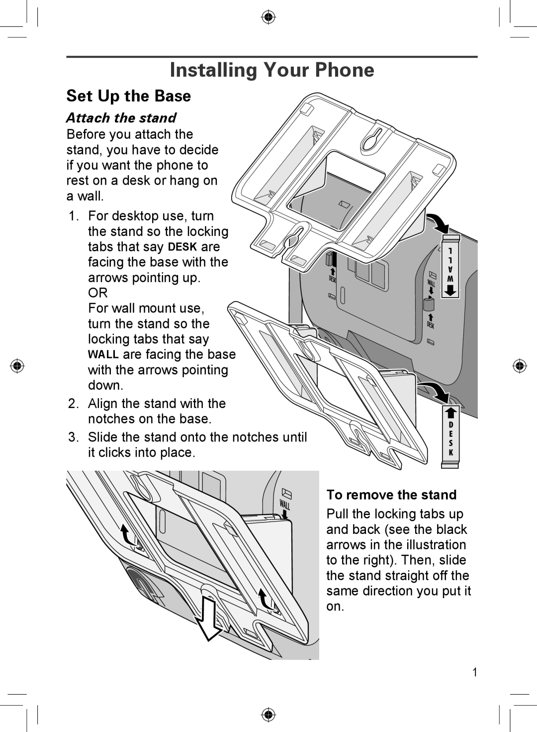 Uniden DECT4066-5, DCX400, DRX402, DECT4066-3, DECT4066-2, DECT4066-4 Installing Your Phone, Set Up the Base, Attach the stand 