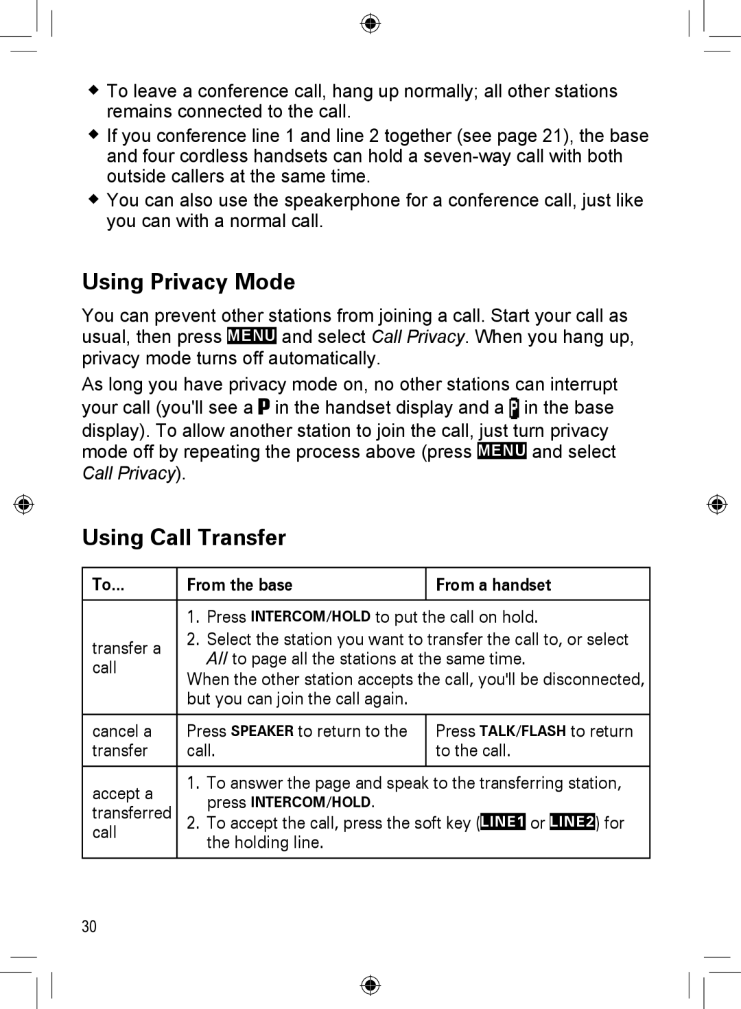 Uniden DCX400, DRX402, DECT4066-3, DECT4066-5 manual Using Privacy Mode, Using Call Transfer, From the base From a handset 