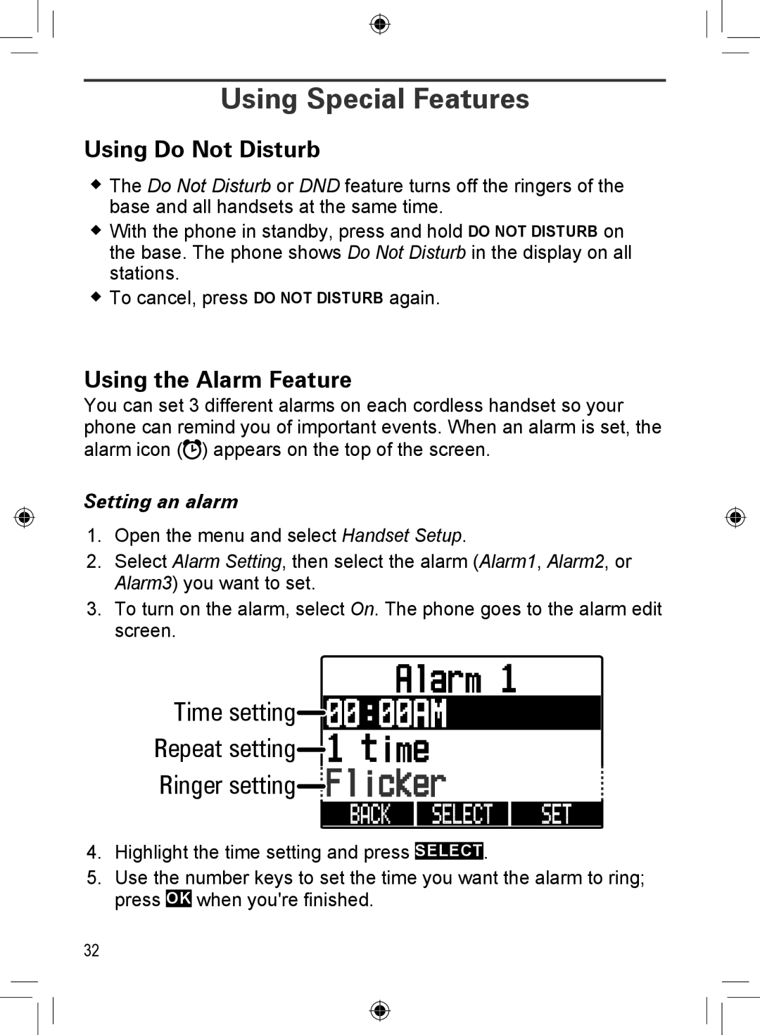 Uniden DECT4066-3, DCX400, DRX402 Using Special Features, Using Do Not Disturb, Using the Alarm Feature, Setting an alarm 