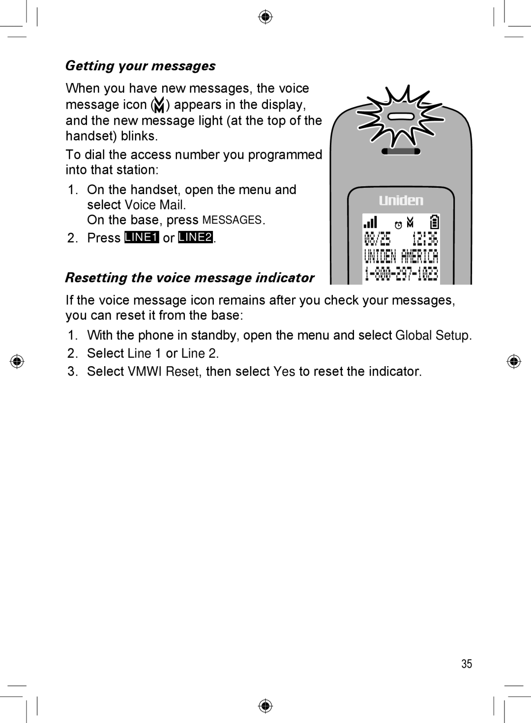 Uniden DECT4066-4, DCX400, DRX402, DECT4066-3, DECT4066-5 manual Getting your messages, Resetting the voice message indicator 