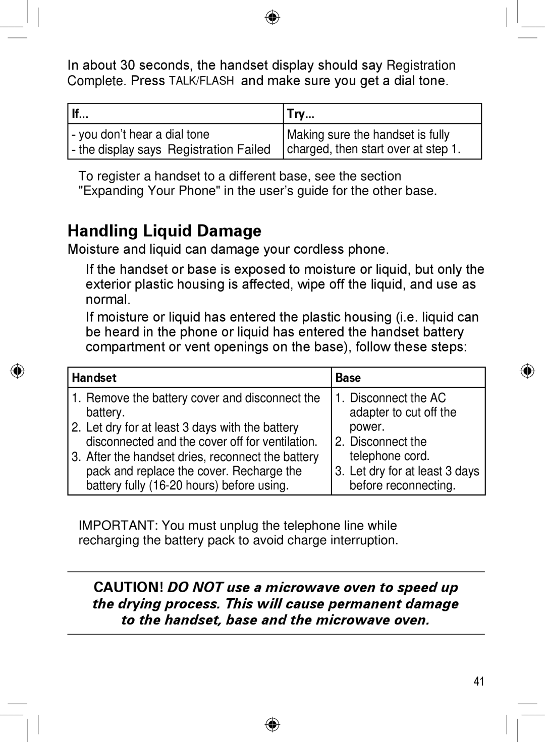 Uniden DECT4066-5, DCX400, DRX402, DECT4066-3, DECT4066-2, DECT4066-4, DECT4066-6 manual Handling Liquid Damage, Handset Base 