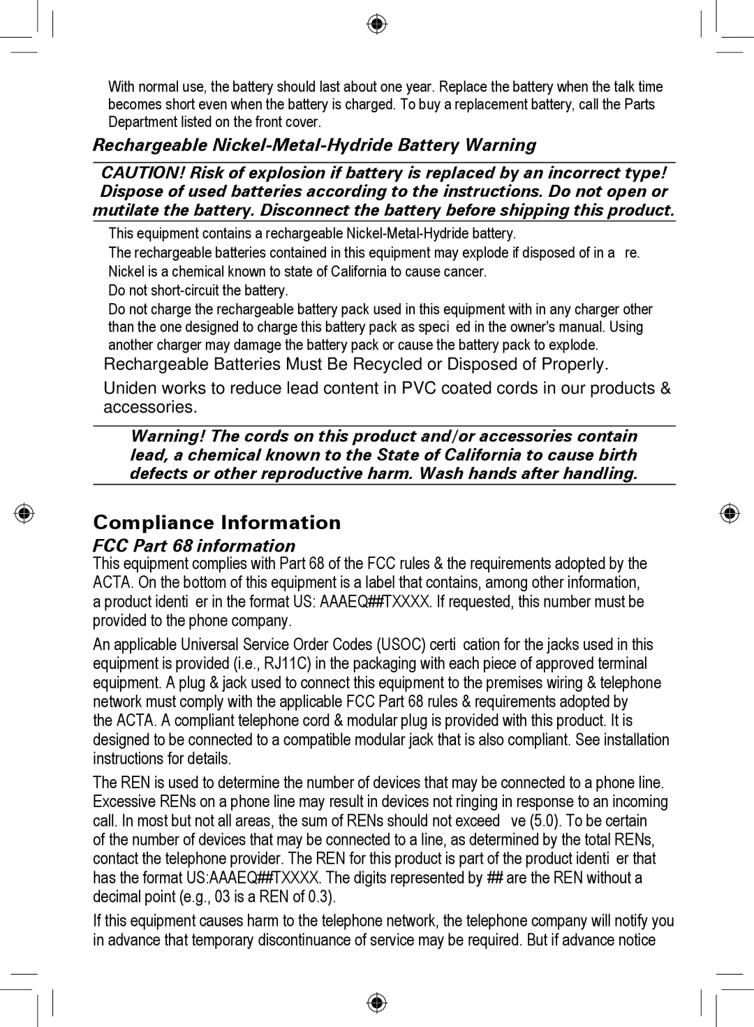 Uniden DECT4066-4, DCX400, DRX402, DECT4066-3, DECT4066-5, DECT4066-2, DECT4066-6 manual Compliance Information 