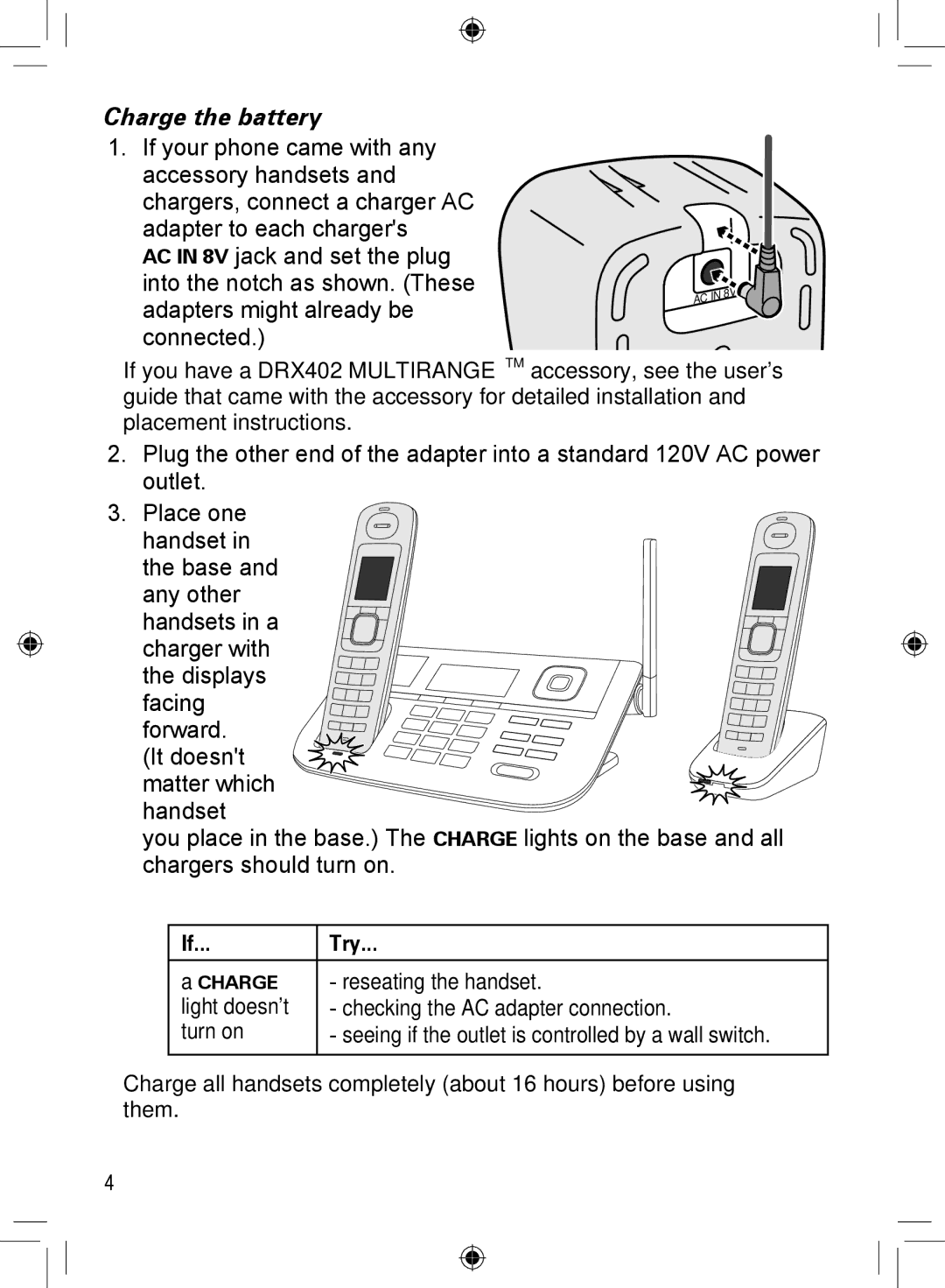 Uniden DCX400, DRX402, DECT4066-3, DECT4066-5, DECT4066-2, DECT4066-4, DECT4066-6 manual Charge the battery, Try 